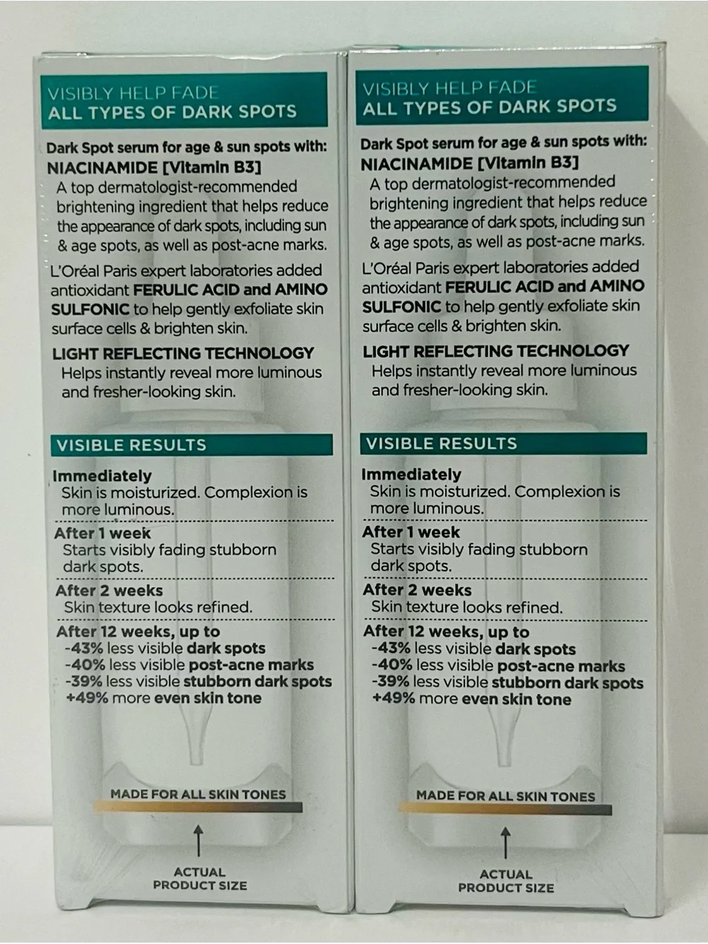 L'Oréal Bright Reveal 12% Niacinamide Dark Spot Serum Face 1.0 fl oz X 2 PACK